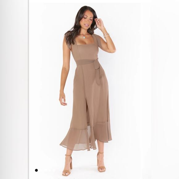New Show Me Your MuMu Claire Midi Dress in Soft Beige Chiffon Tan Women’s Small - Picture 1 of 5